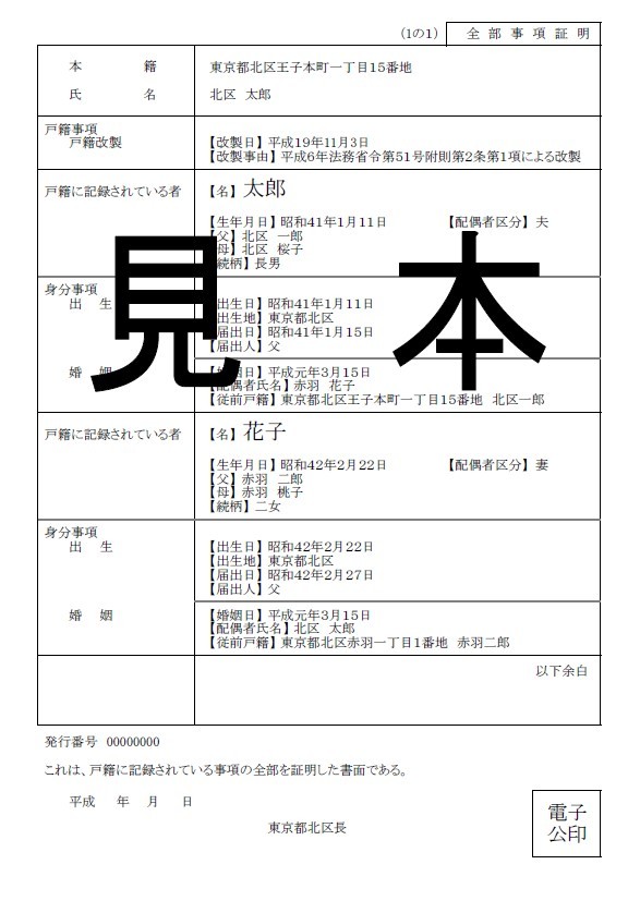 新しい戸籍謄本の書式例