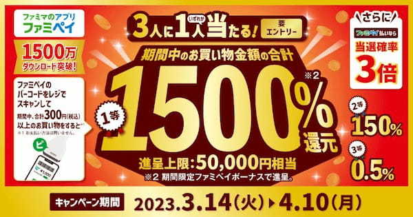 ファミリーマート、ファミペイ1500万ダウンロード突破を記念し「最大1500％還元！ファミマのアプリ出すだけチャレンジ」を実施