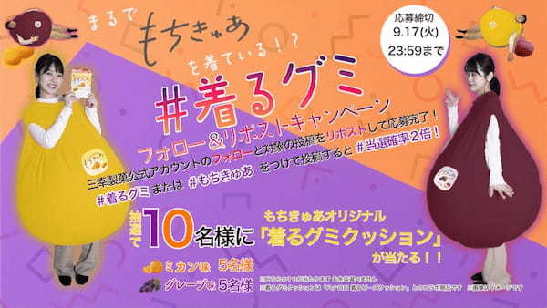 三幸製菓、米粉を使ったもちもち食感グミ「もちきゅあ」を発売、「着るグミ」クッションが当たるキャンペーンも実施