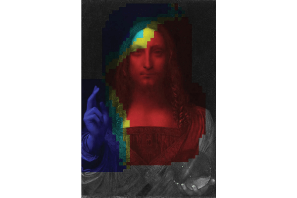 レオナルド・ダ・ヴィンチの≪サルバトール・ムンディ≫にニューラルネットワークを適用した結果。色が濃く示されている部分は、画家が描いたものである可能性が高いとAIが判断した領域