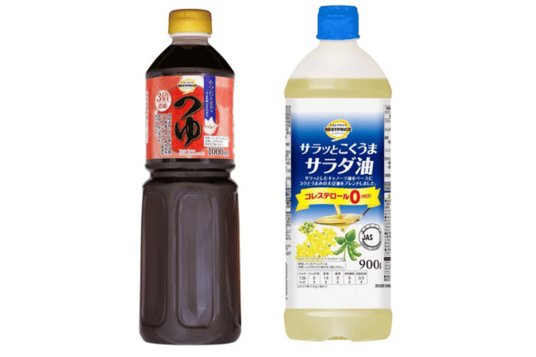 イオン 「トップバリュベストプライス かつおと昆布でうまみをきかせたつゆ(3倍濃縮)」「トップバリュベストプライス サラッとこくうまサラダ油」