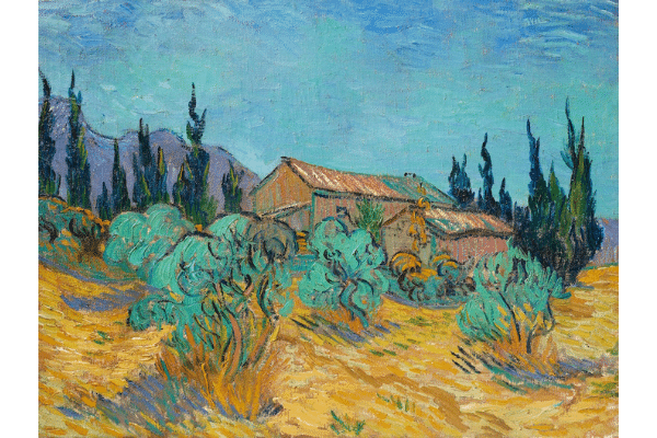 ≪Cabanes de bois parmi les oliviers et cyprès≫ / Vincent van Gogh, Image courtesy Christie’s.