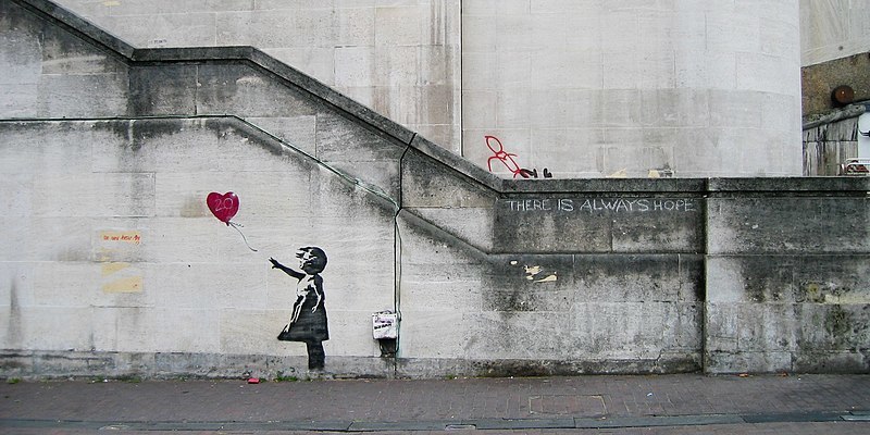 Dominic Robinson from Bristol, UK – Banksy Girl and Heart Balloon, CC BY-SA 2.0,