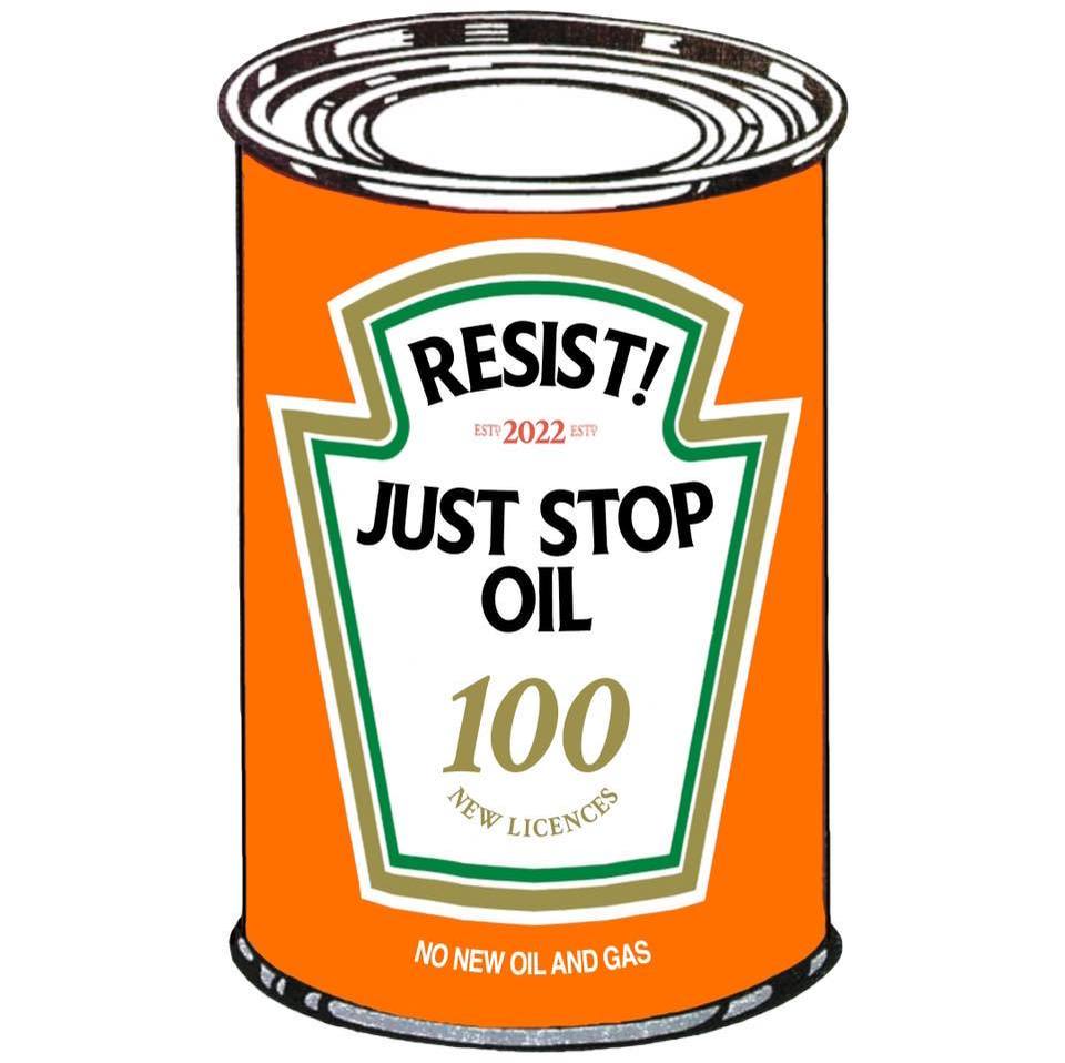 ハインツのトマト缶をもじった「JUST STOP OIL」のマーク